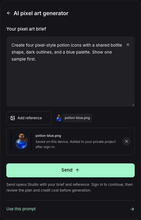 AI pixel art generator with a prepared potion brief, saved reference preview, and Send button