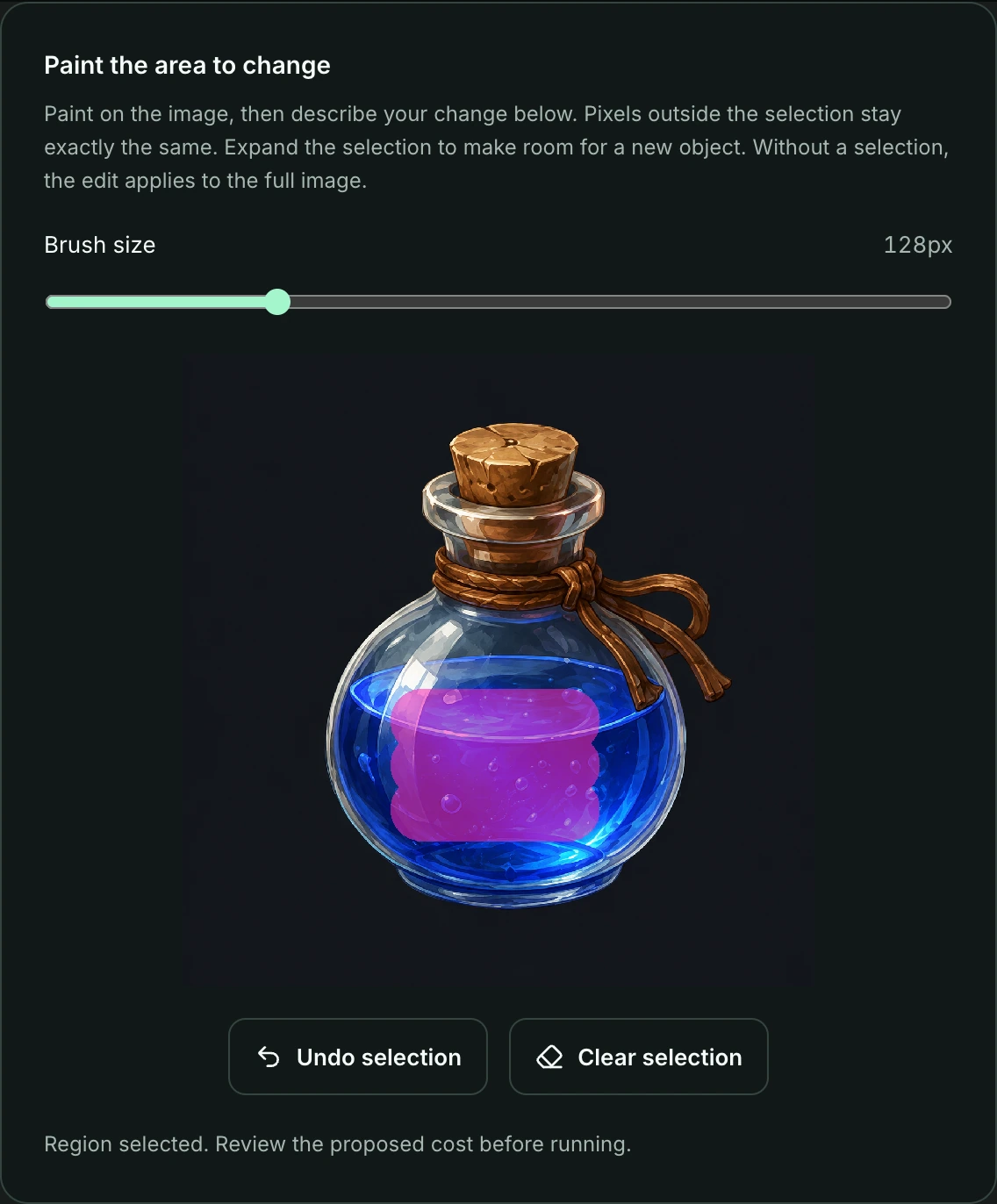 Studio selection editor with a painted purple selection over the potion liquid and a 128 pixel brush