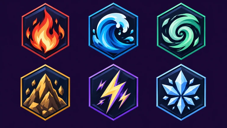 Six elemental skill emblems in matching hexagonal frames.