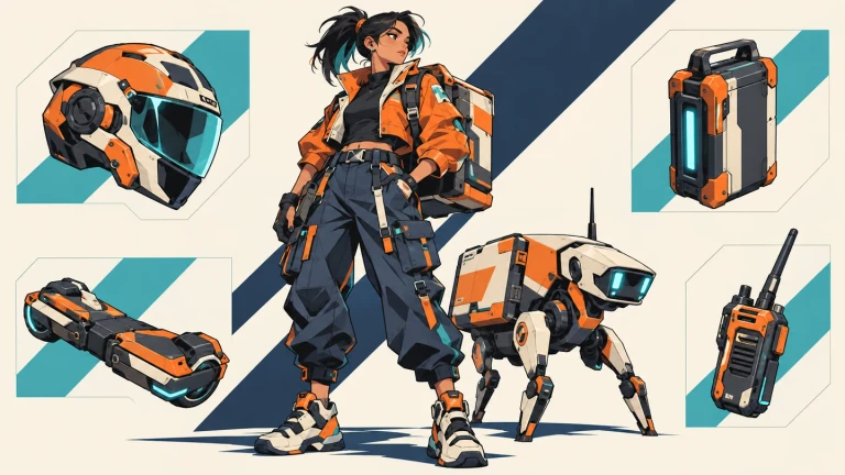 An orange-jacket courier, delivery robot and matching equipment.