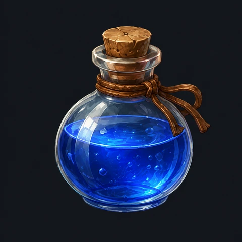 Prepared blue potion artwork with a glass bottle, cork, and upper-left highlight