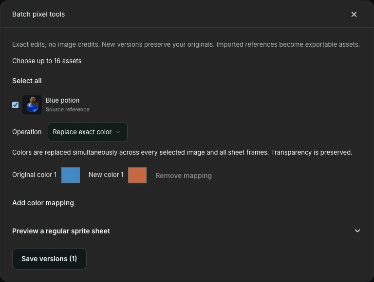 Studio Batch pixel tools panel with one blue potion selected and an exact color mapping
