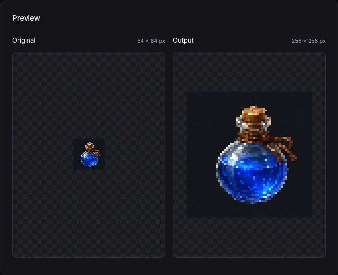 Actual local resizer preview showing the original 64 × 64 blue potion beside its 256 × 256 output