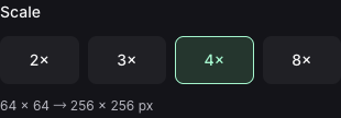 The resizer Scale controls with 4× selected and the dimensions 64 × 64 to 256 × 256 pixels